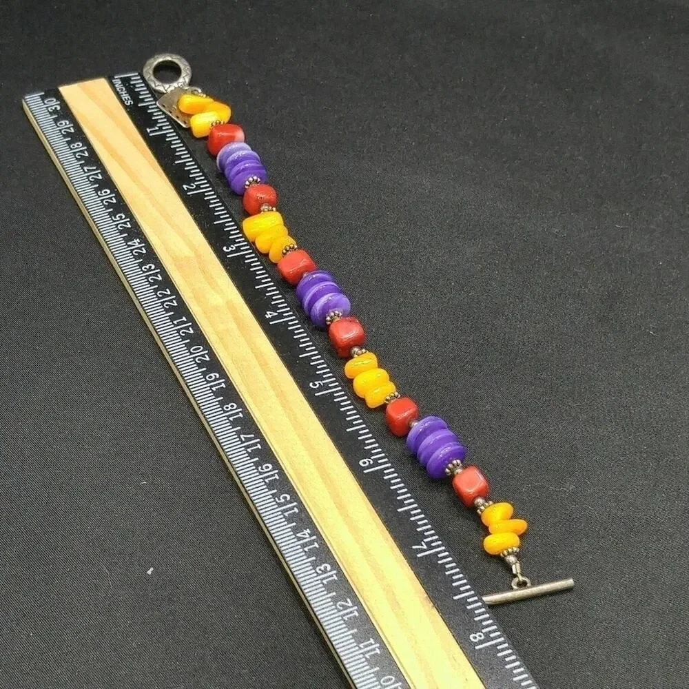 Vintage Gemstone Bracelet, Orange Purple Red Toggle Clasp, 7 3/4 Inches